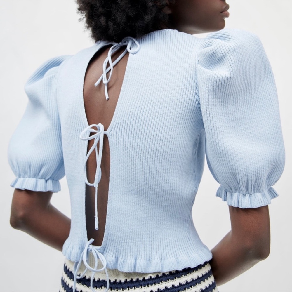 BNWT Blue open back Zara knit crop top size M